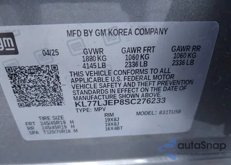 2025 Chevrolet Trax Fwd 2Rs from USA, damaged, VIN KL77LJEP8SC276233